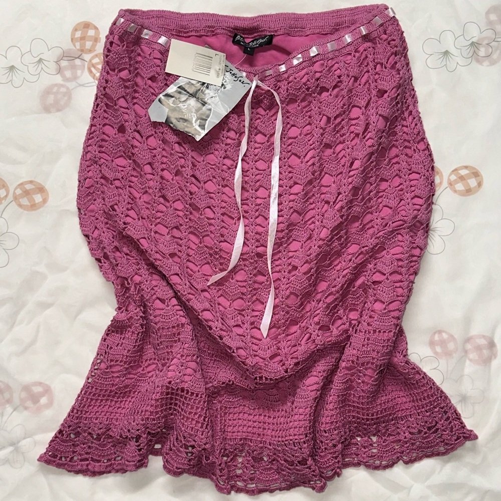 90s BETSEY JOHNSON women's pink crochet embroidered midi skirt, L. deadstock NWT
